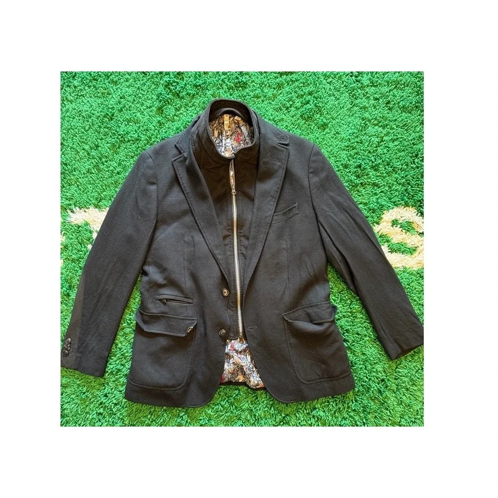 Tailored Fit Blazer Jacket Mens 44 Black Excellent Layered Zip Bib Elbow Patch